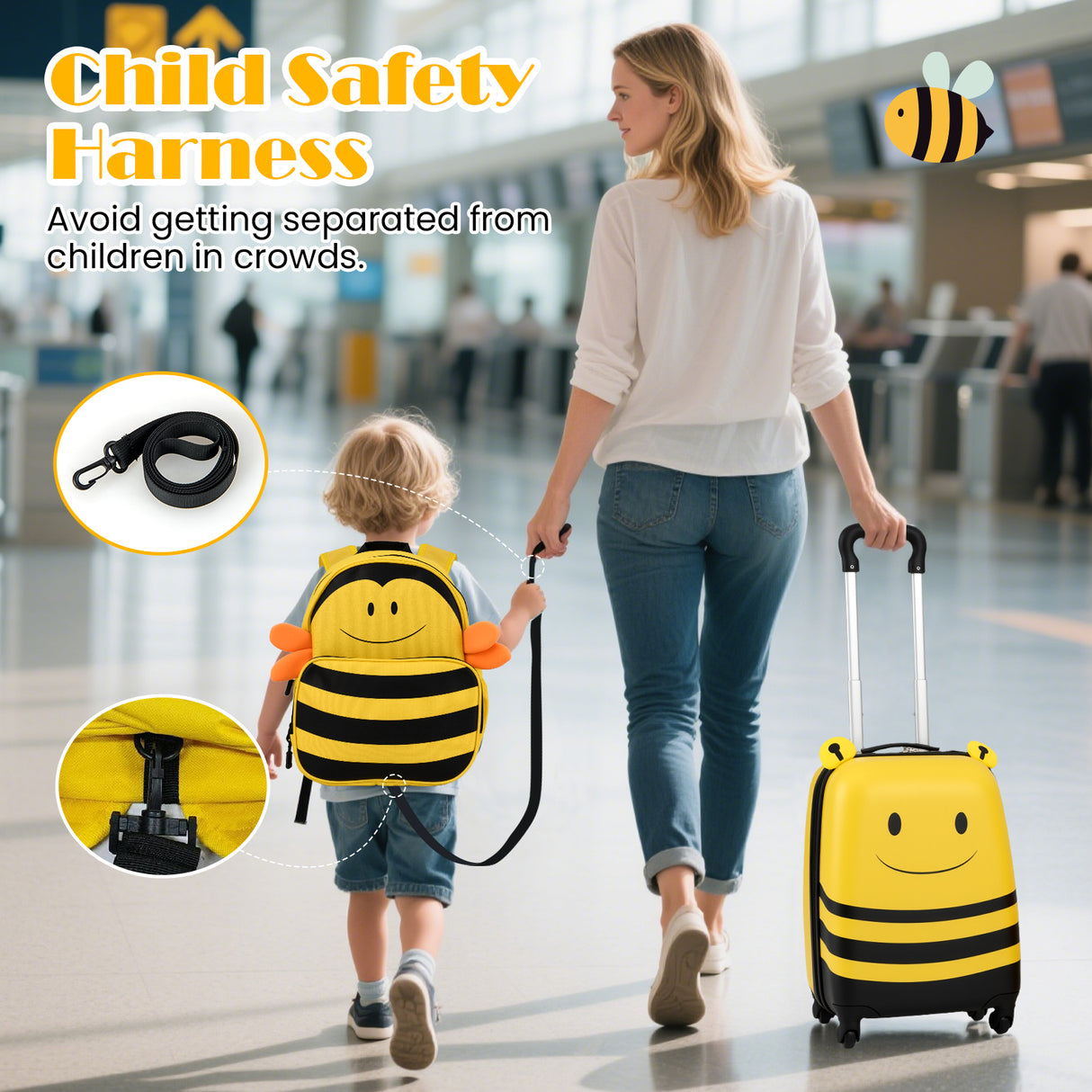 2 PCS Kids Luggage Set on Wheels, 16” Portable Bee Suitcase & 12” Backpack