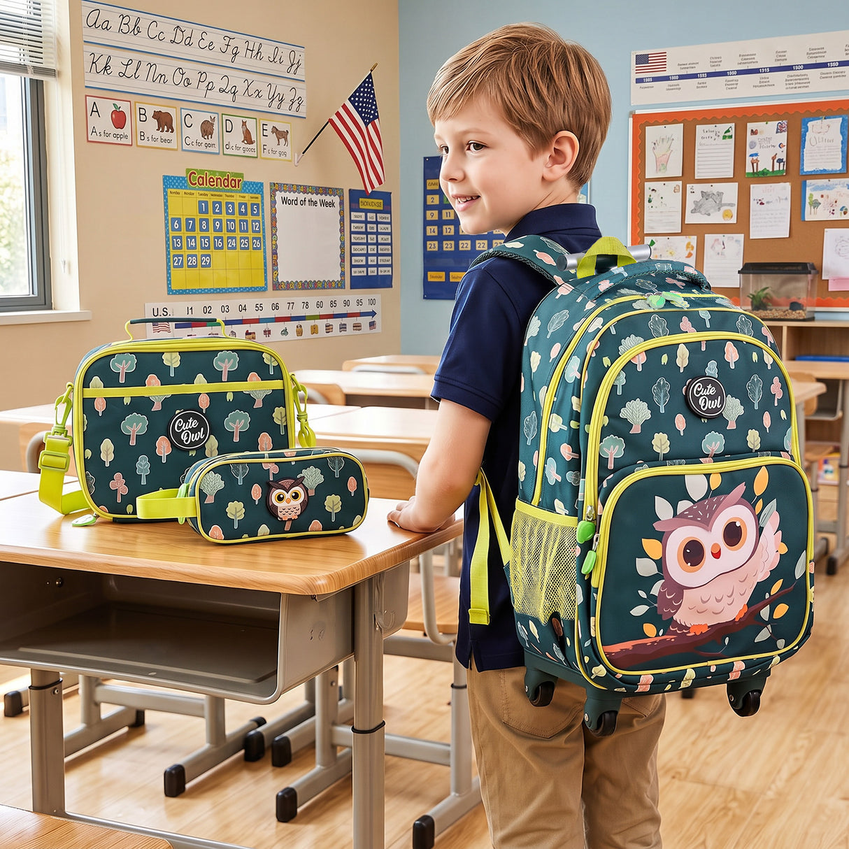 3 Pieces Owl Rolling Backpack for Kids