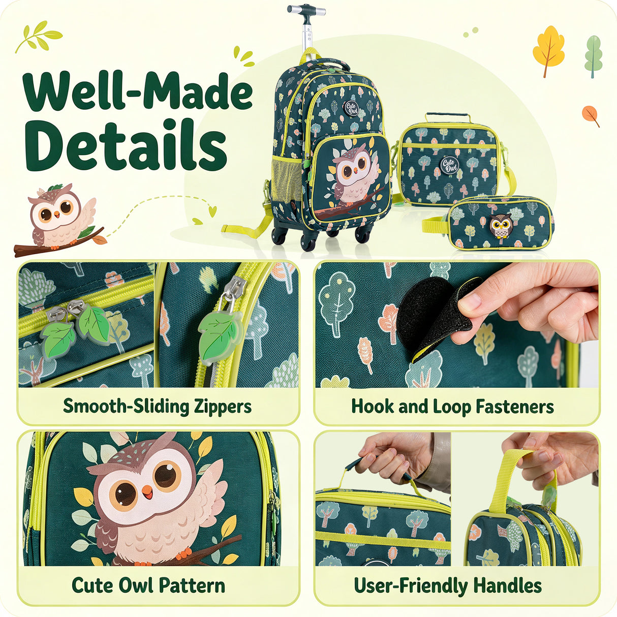 3 Pieces Owl Rolling Backpack for Kids