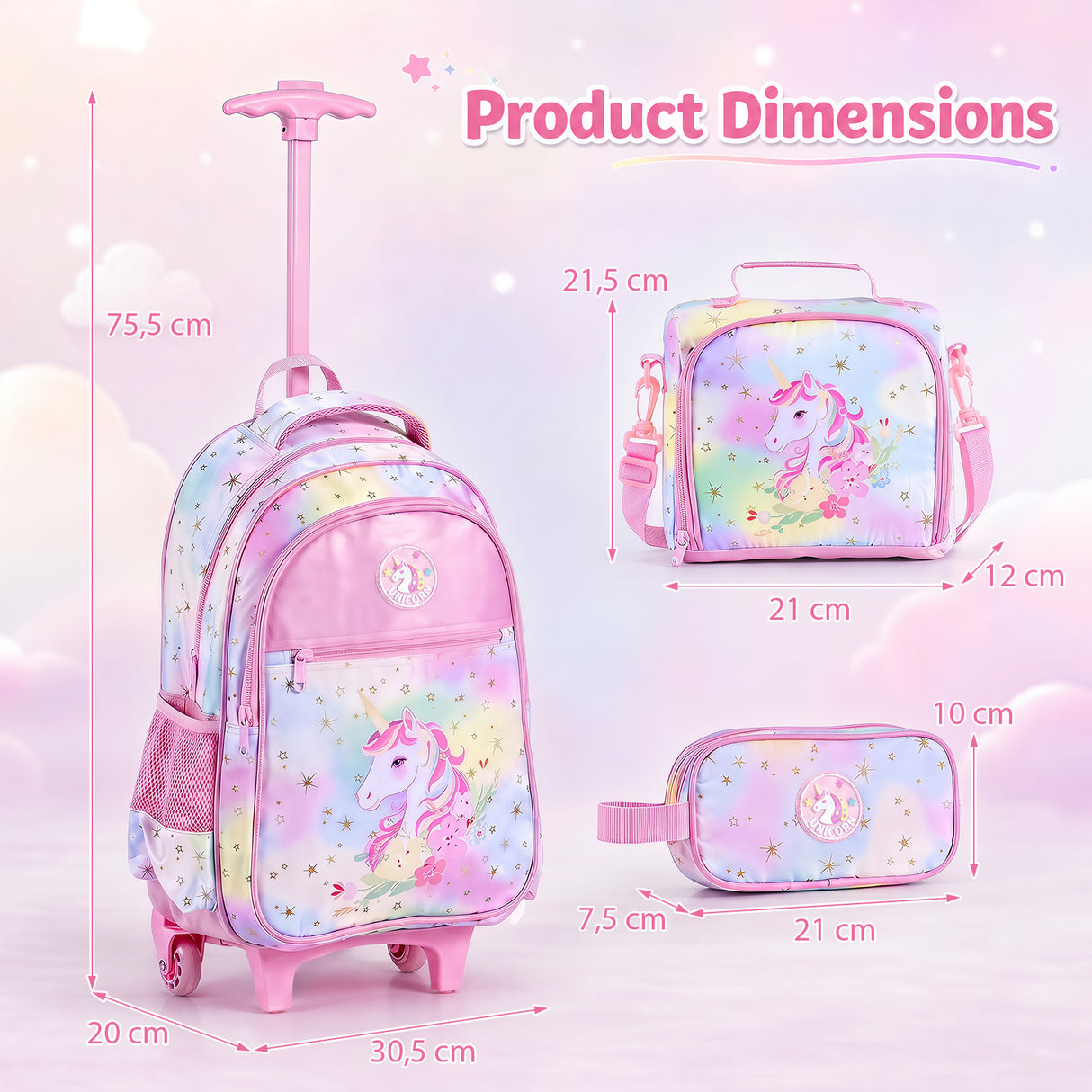 Wheeled Backpack with Lunch Box and Pencil Case, Travel Luggage for Kindergarten, Elementary Preschool Students