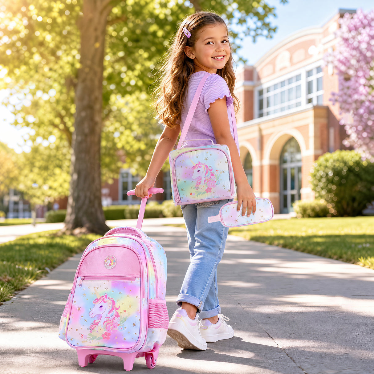 Wheeled Backpack with Lunch Box and Pencil Case, Travel Luggage for Kindergarten, Elementary Preschool Students
