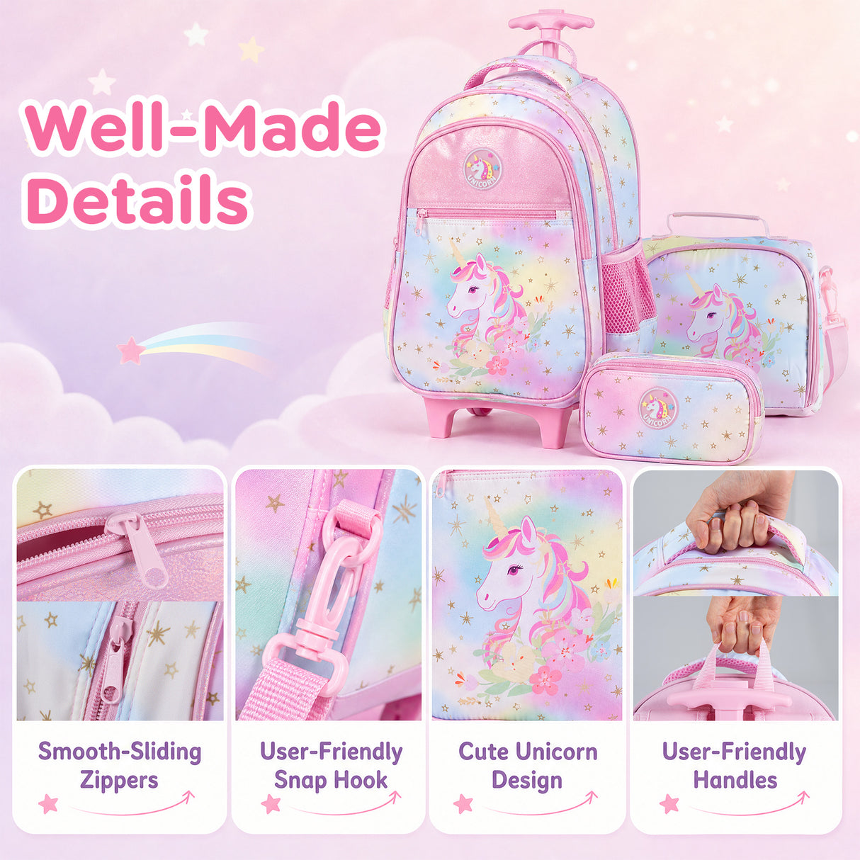 Wheeled Backpack with Lunch Box and Pencil Case, Travel Luggage for Kindergarten, Elementary Preschool Students
