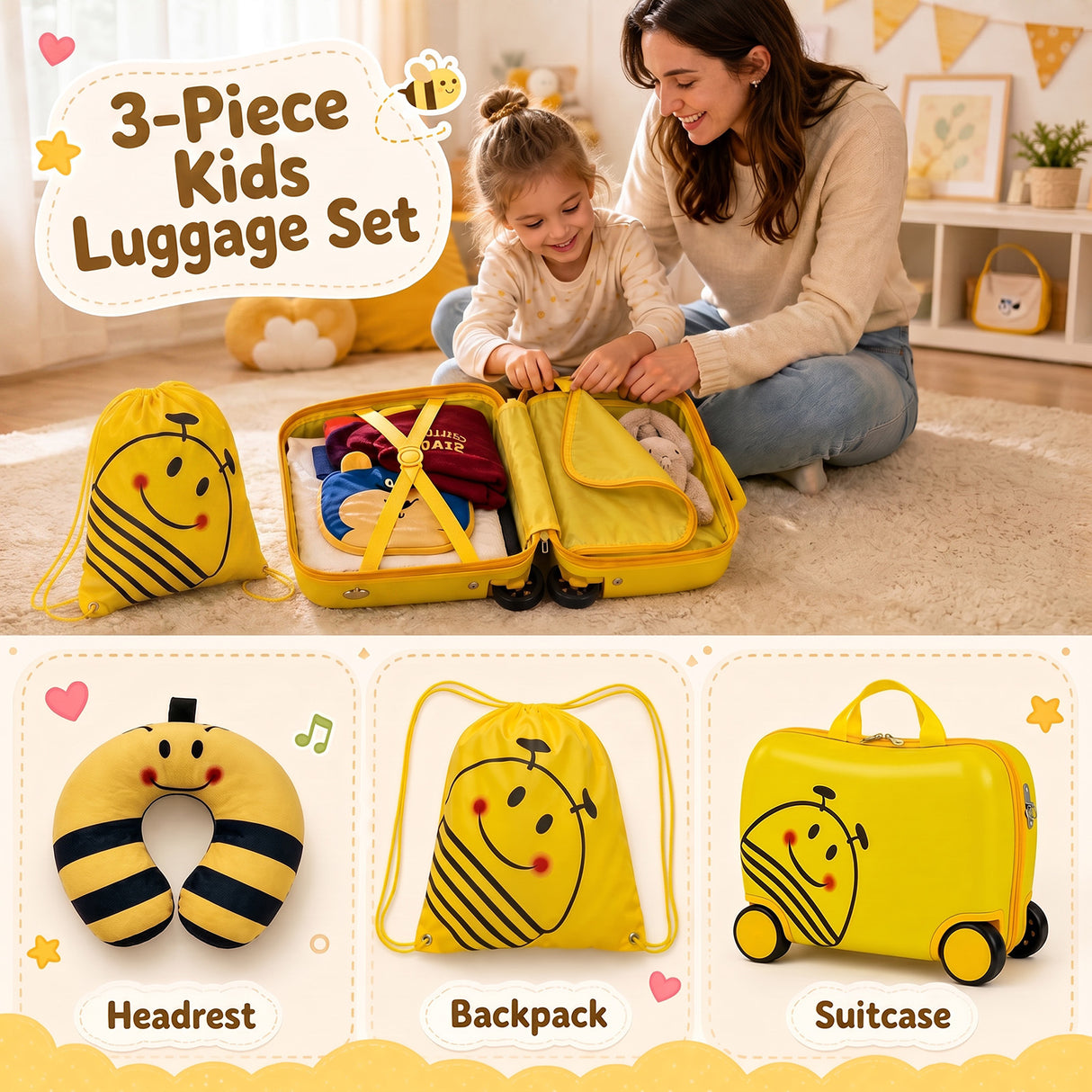 40 cm Lightweight Bee Suitcase Set with Rolling Wheels