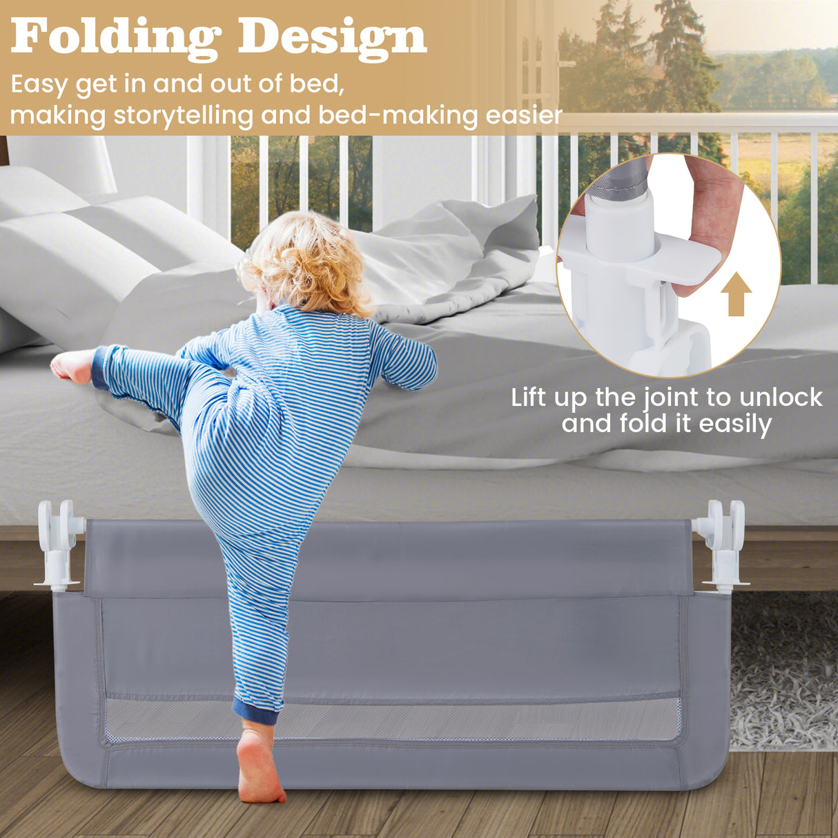 BABY JOY Toddler Foldable Bed Rail Cot Guard Baby Kids Bedrail with Safety Strap