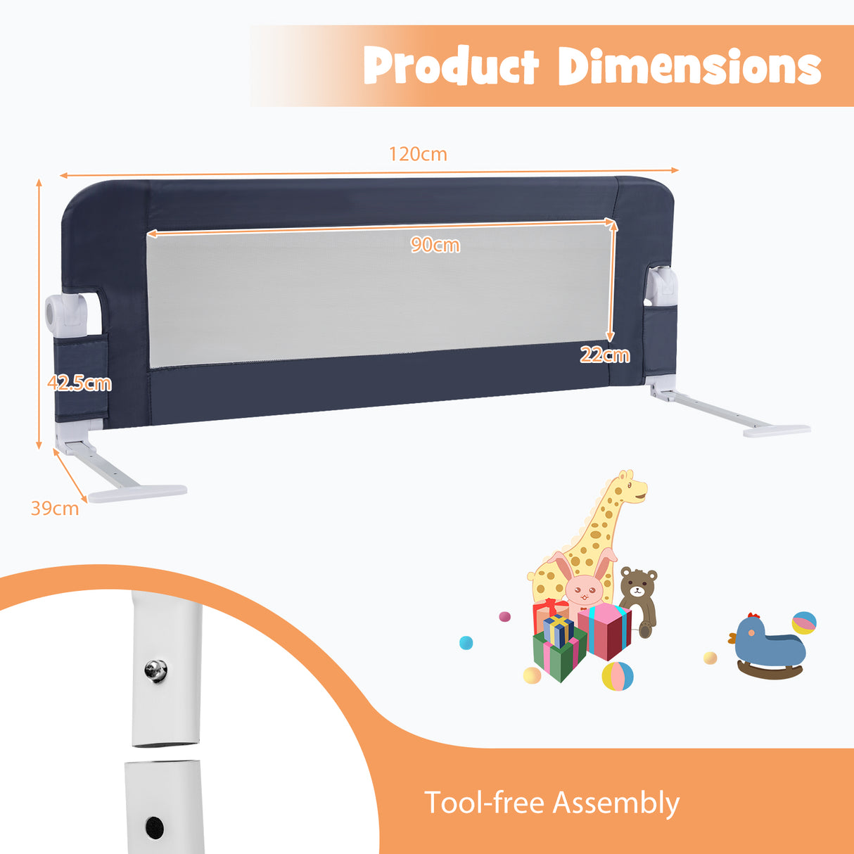 BABY JOY 120*42.5 cm Bed Rail Guard for Toddlers, Universal Baby Fold Down Bed Rail w/Adjustable Safety Strap & Breathable Mesh