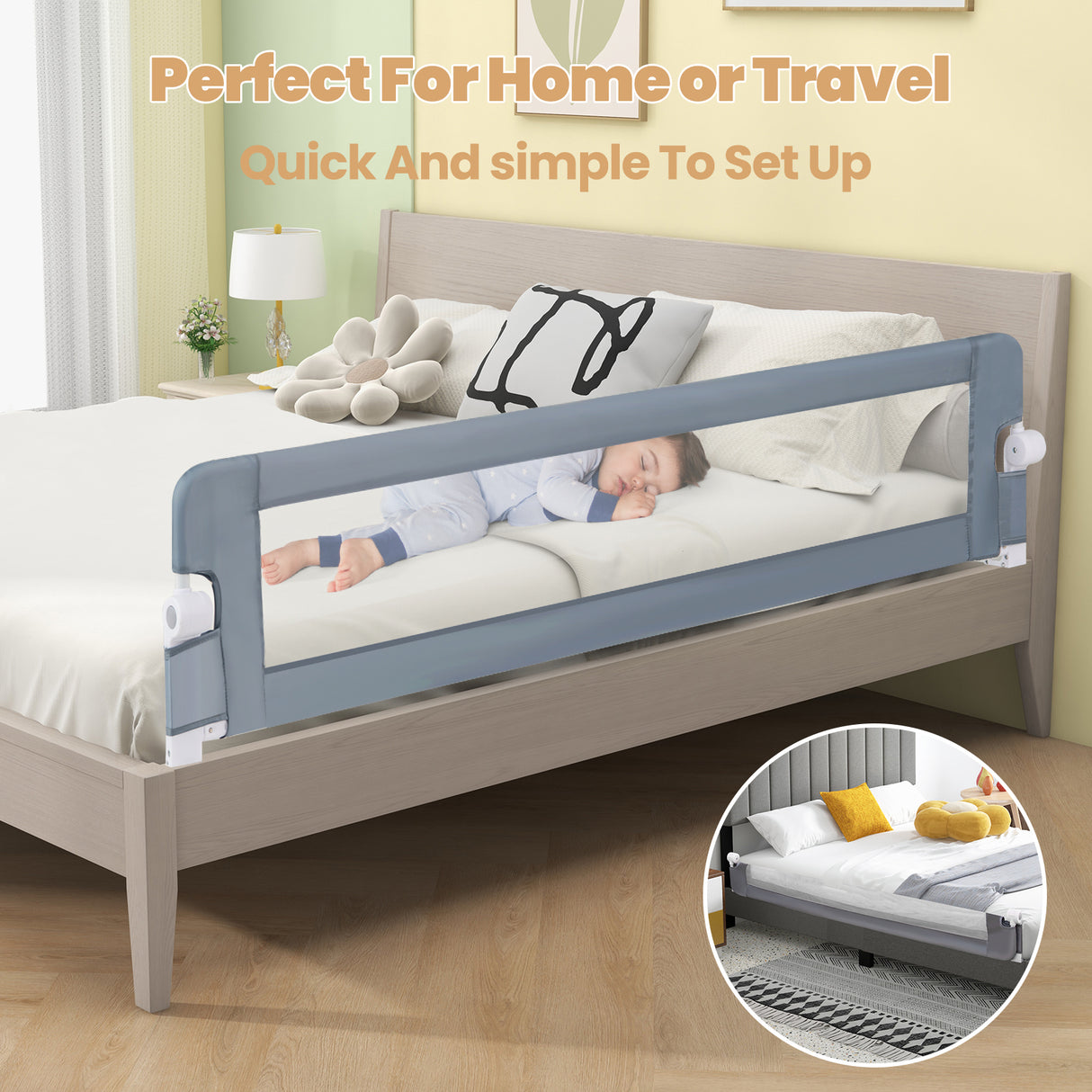 180 x 42 cm Foldable Bed Rail for Toddlers, Swing Down Baby Bed Guard Rail