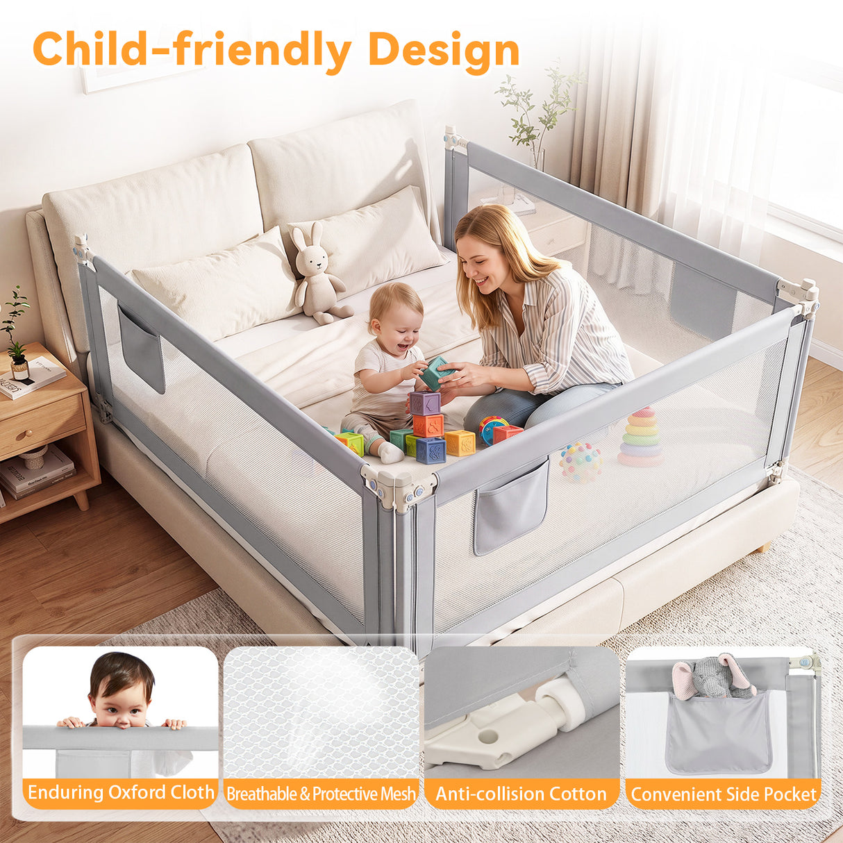 BABY JOY 176/195CM Toddler Bedrail, Extra Tall Safety Bed Guardrail W/Anti-Collision Cotton & Side Pocket