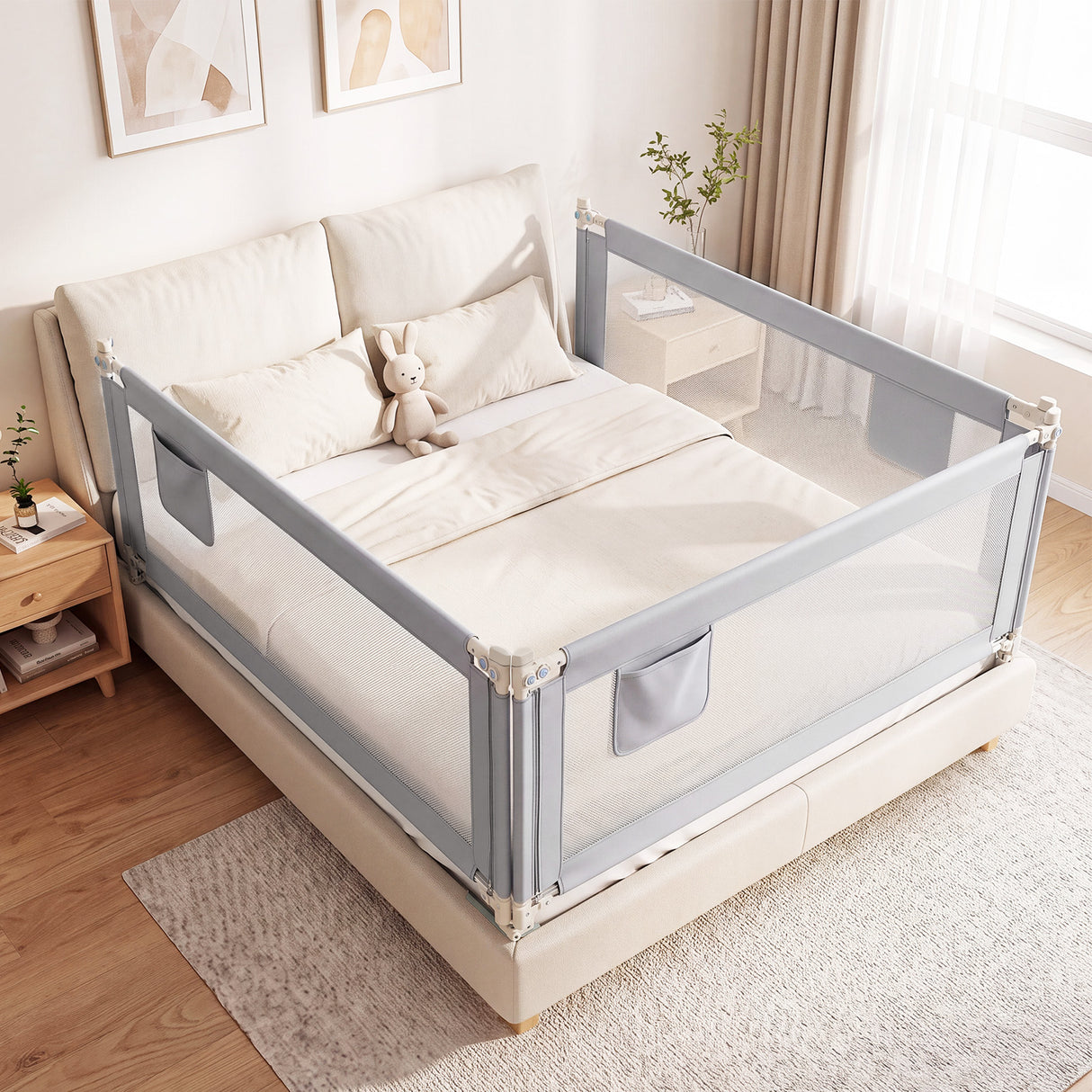 BABY JOY 176/195CM Toddler Bedrail, Extra Tall Safety Bed Guardrail W/Anti-Collision Cotton & Side Pocket