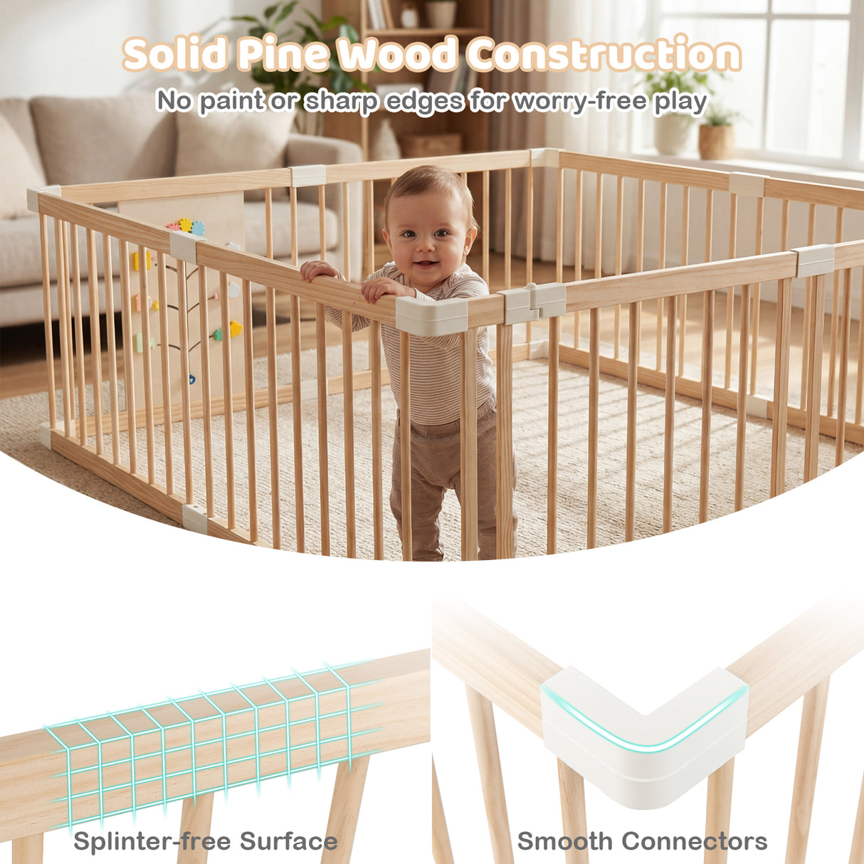 Wooden Adjustable Multi-Shape Baby Playpen for Infants and Toddlers