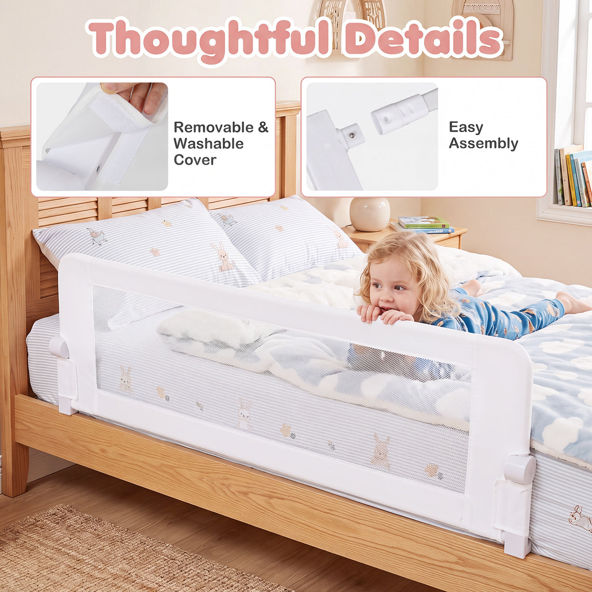 152/120 cm Long Foldable Bed Rail, 50 cm Extra Tall, White/Grey