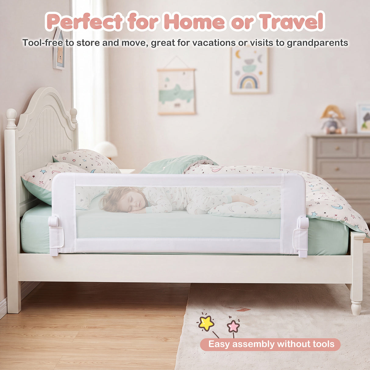 152/120 cm Long Foldable Bed Rail, 50 cm Extra Tall, White/Grey