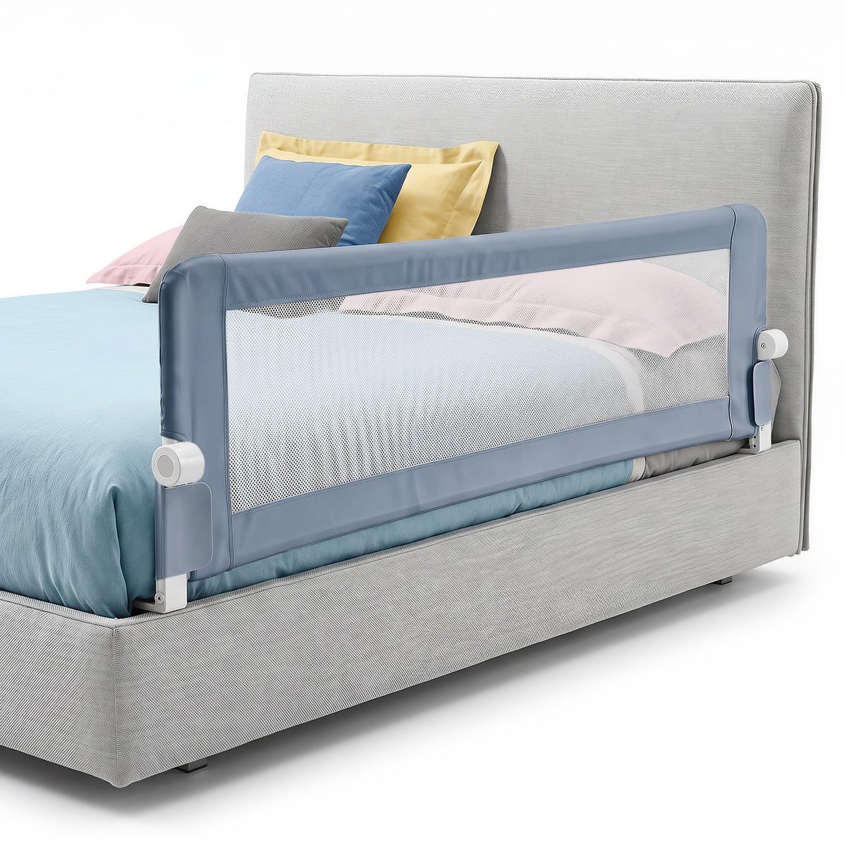 Universal Kids Bedrail Guard with Adjustable Safety Strap for Single Double Queen King Mattress, White/Grey