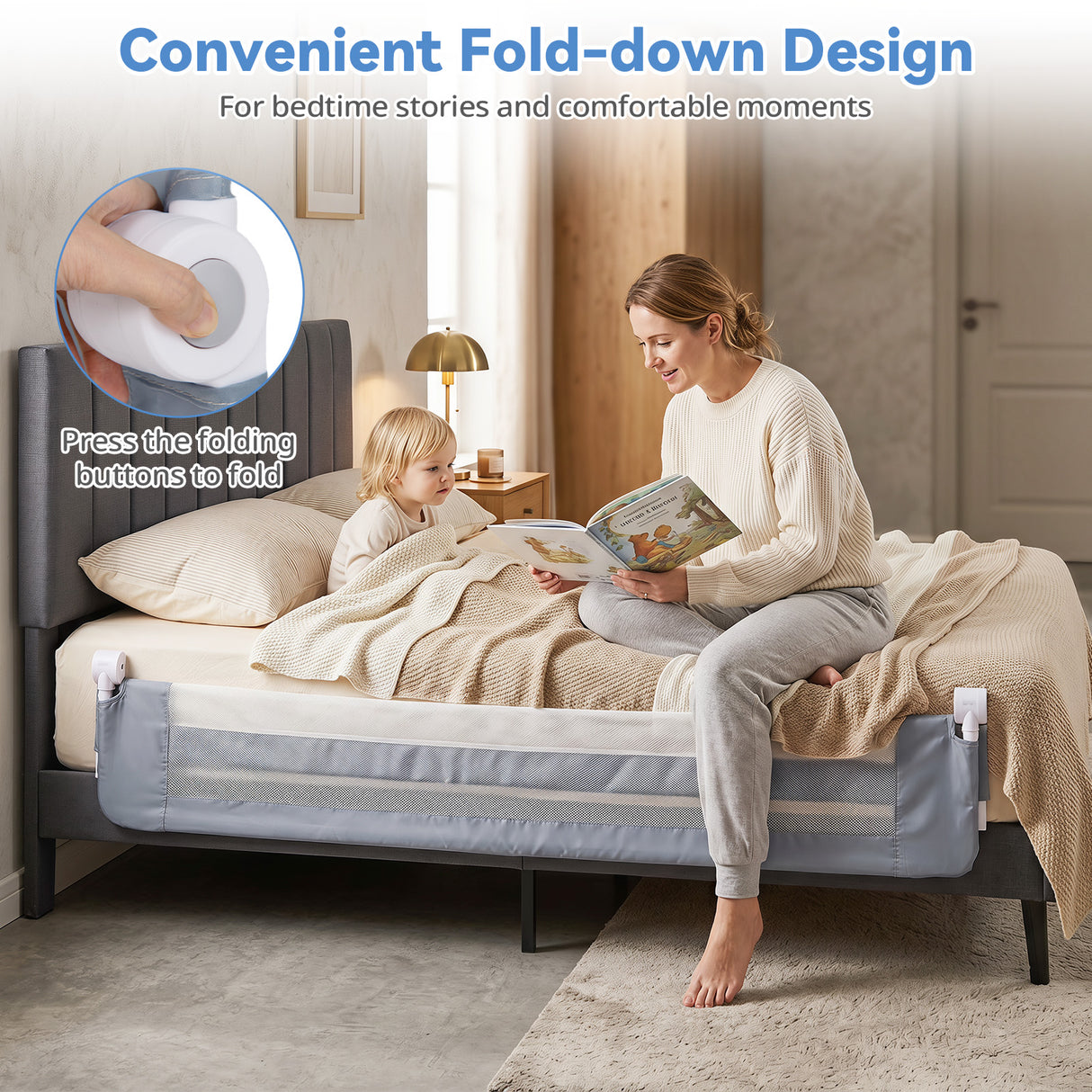 Universal Kids Bedrail Guard with Adjustable Safety Strap for Single Double Queen King Mattress, White/Grey