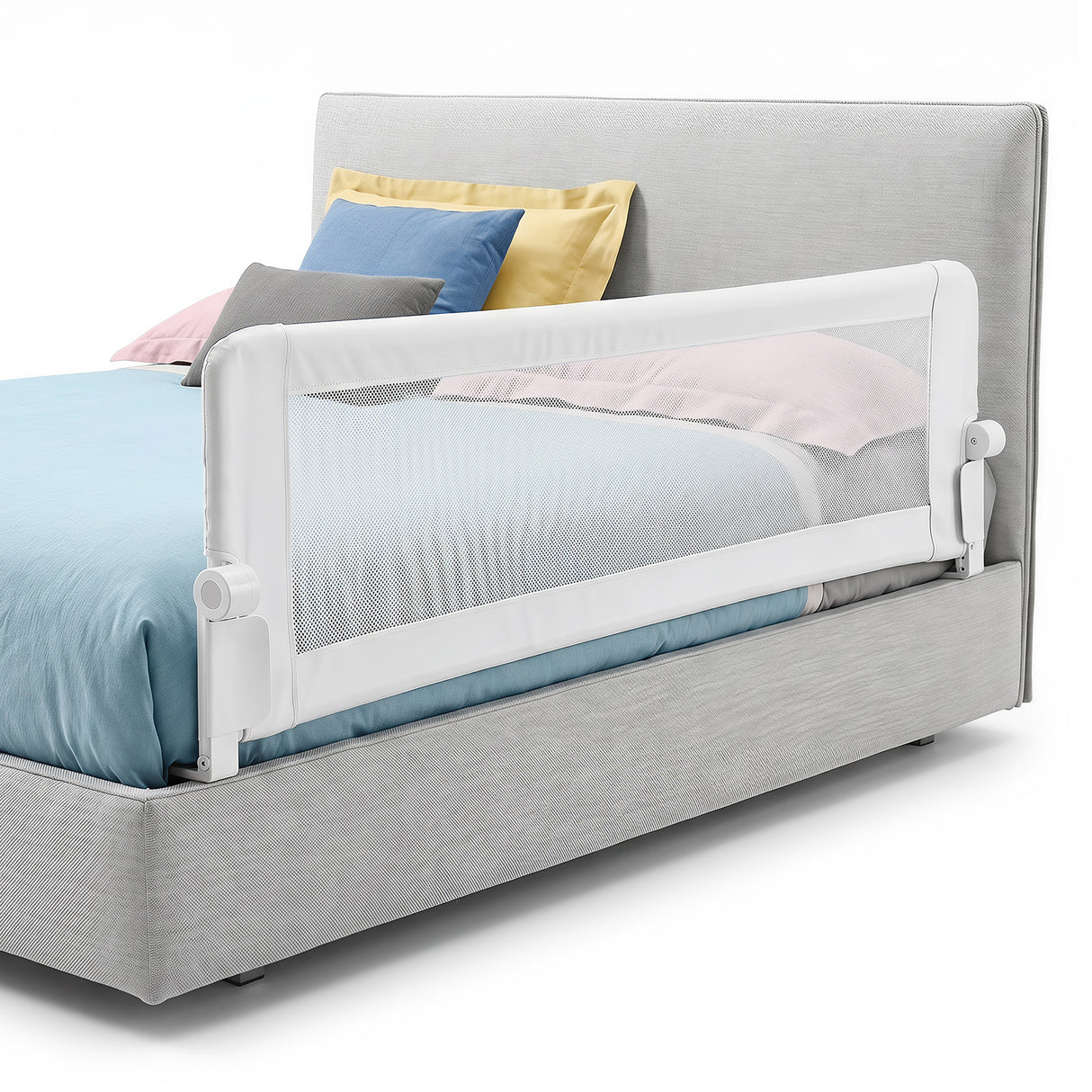 Universal Kids Bedrail Guard with Adjustable Safety Strap for Single Double Queen King Mattress, White/Grey