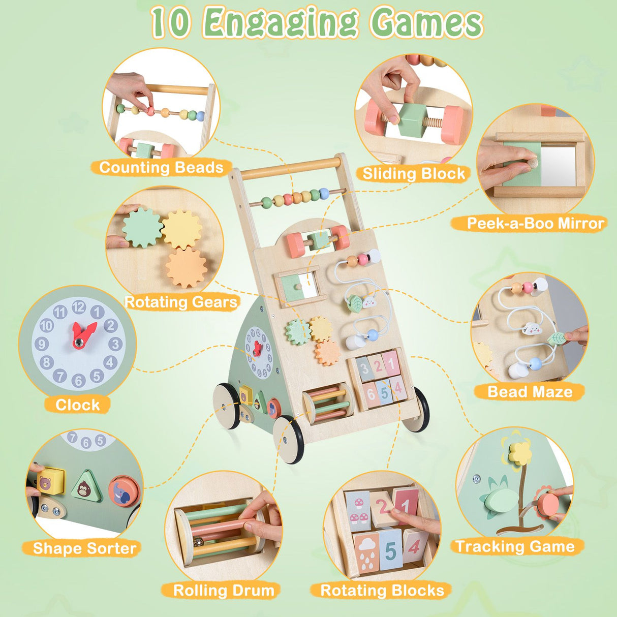 Babies Push Walker with Wheels and Storage Basket for Toddlers Girls Boys 1+ Years Old
