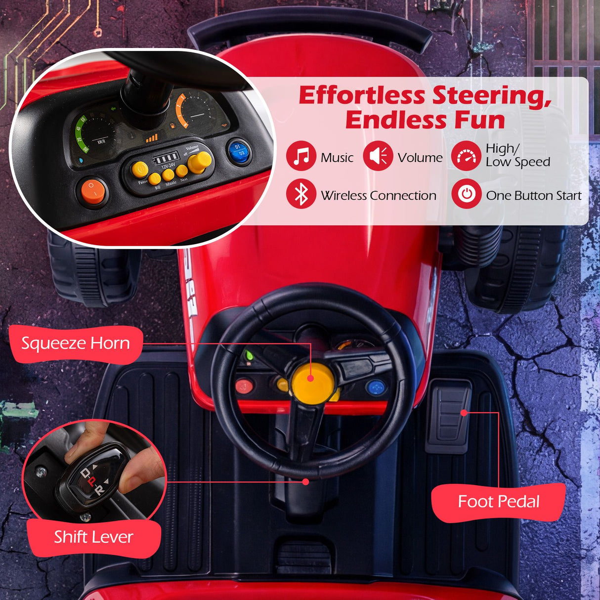 24V Ride on Tractor with Tiltable Detachable Trailer Remote and LED