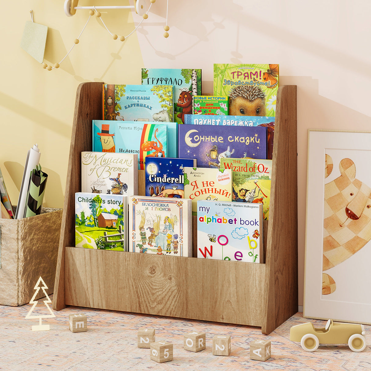 4-Tier Kids Wooden Bookshelf with Deep Compartments