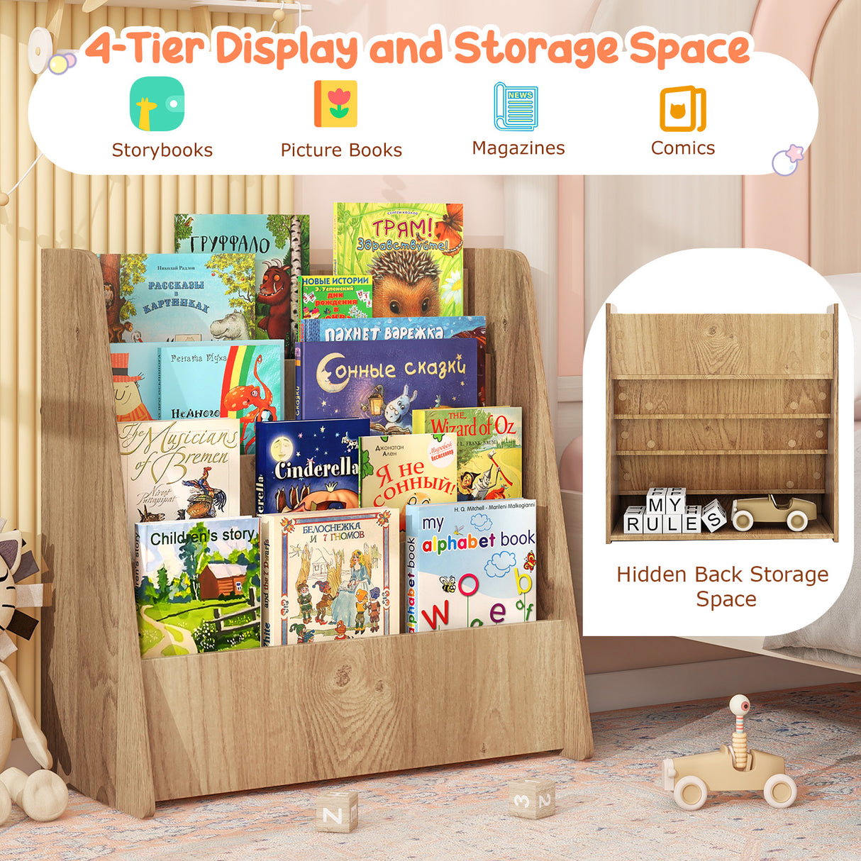 4-Tier Kids Wooden Bookshelf with Deep Compartments