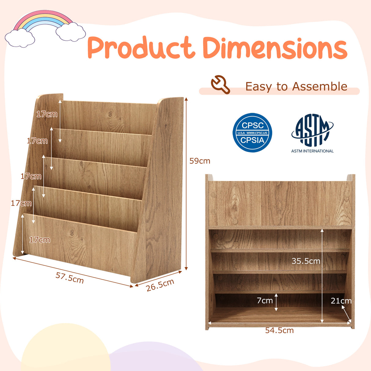 4-Tier Kids Wooden Bookshelf with Deep Compartments