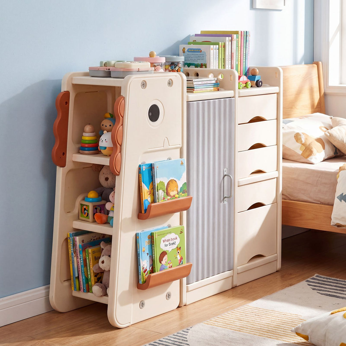 Dinosaur Toy Storage with 5 Bins and 3-Tier Bookshelf for Kids
