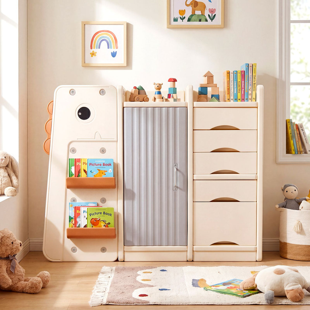 Dinosaur Toy Storage with 5 Bins and 3-Tier Bookshelf for Kids