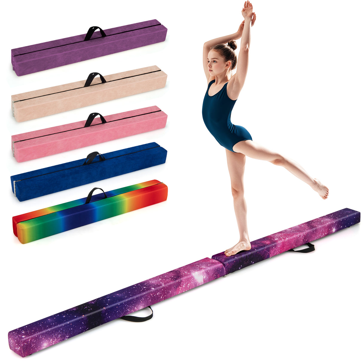 Gymnastics beam with carrying case and a gymnast in a blue leotard.