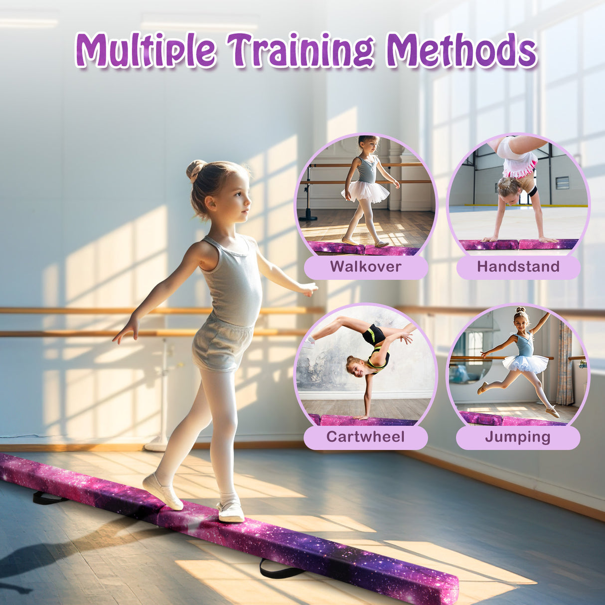 Young girl practicing gymnastics on a balance beam with training methods illustrated.