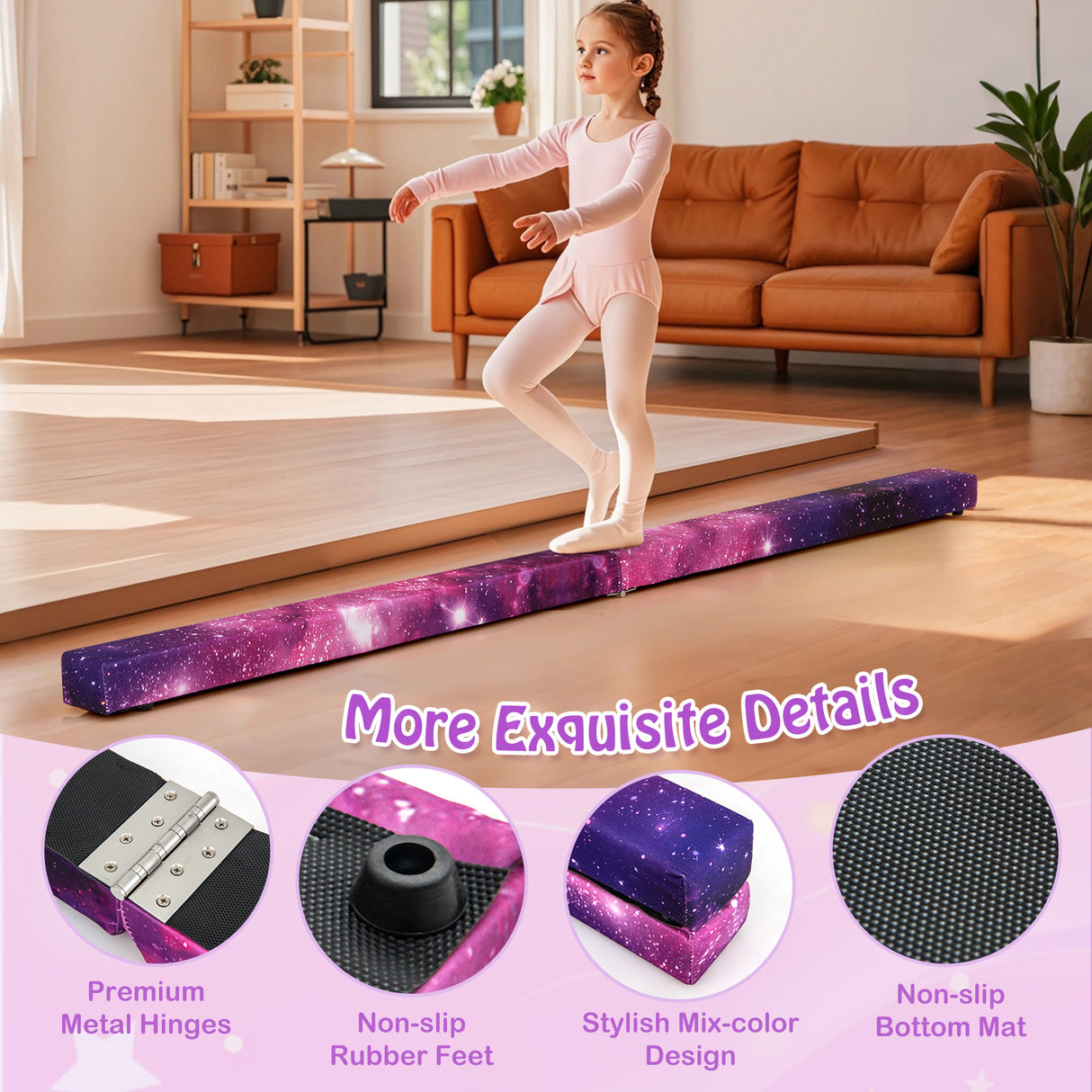 Young girl practicing on a purple balance beam in a living room.