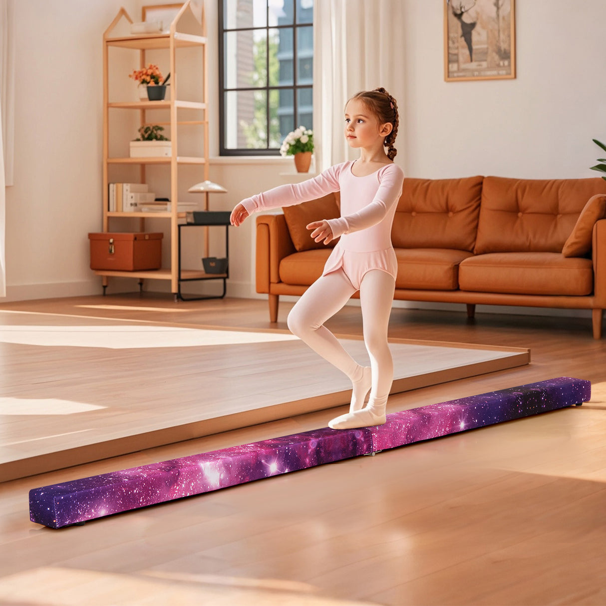 Young girl practicing on a balance beam in a living room.