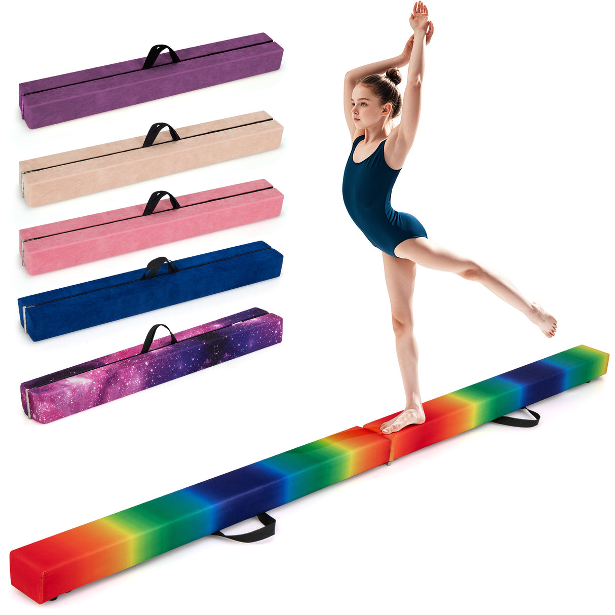 Gymnast on a rainbow balance beam with carrying cases in various colors displayed above.