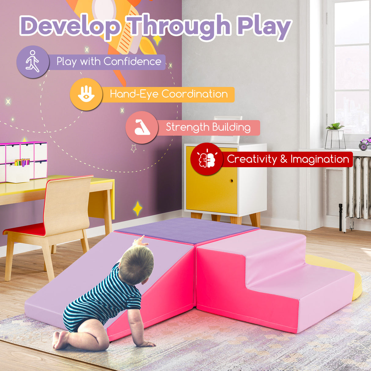 BABY JOY 4-Piece Climb and Crawl Foam Play Set, Soft Toddler Corner Climbing Sliding Blocks