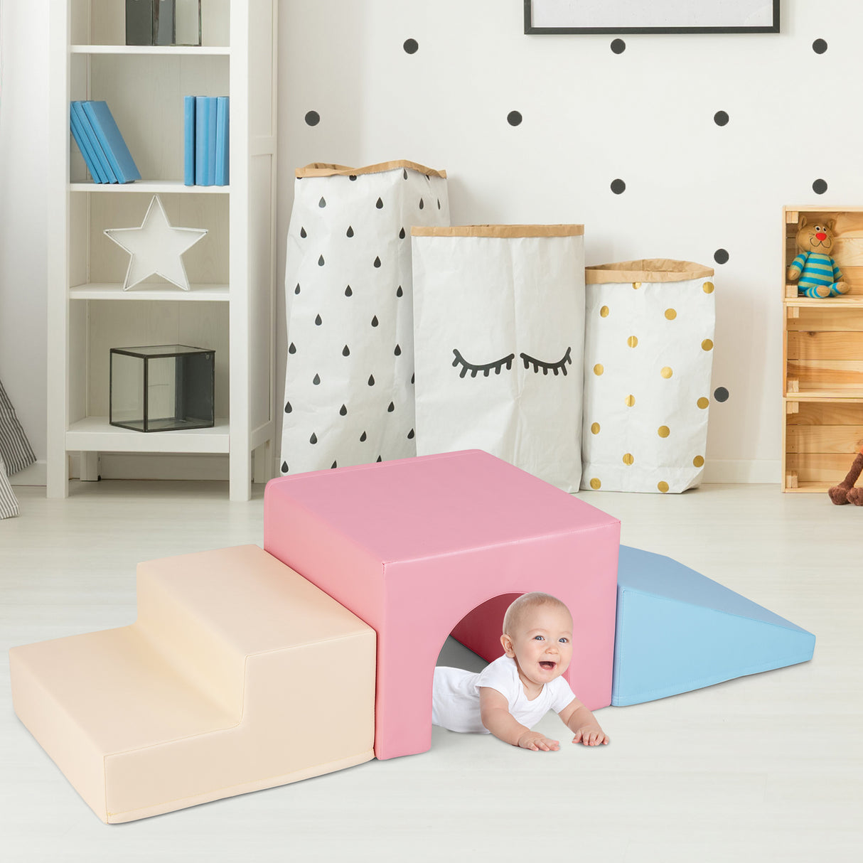4-Piece Kids Climb and Crawl Foam Block Play Set, Pink - BABY JOY