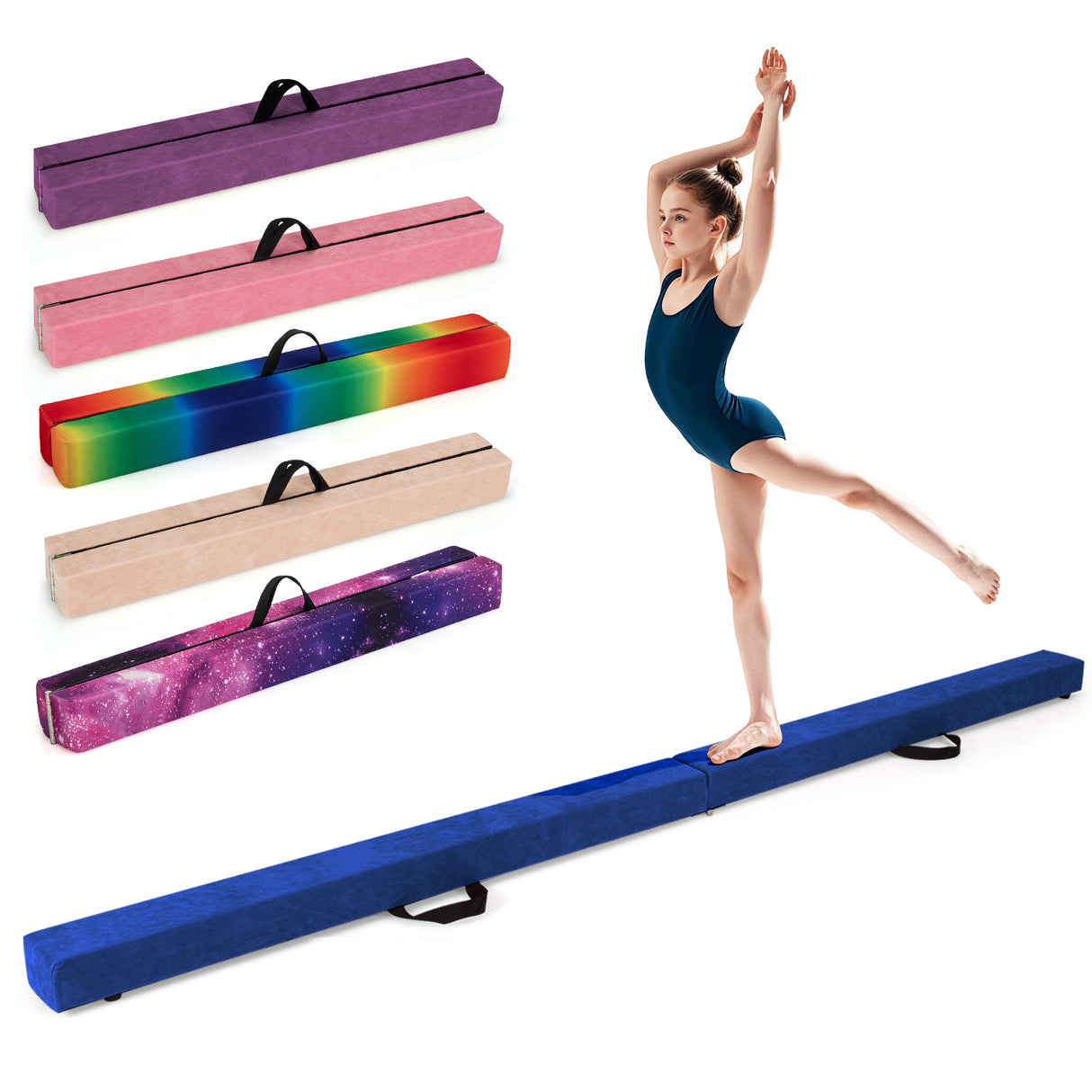 Gymnastics balance beam with colorful carrying cases and a gymnast in the background.