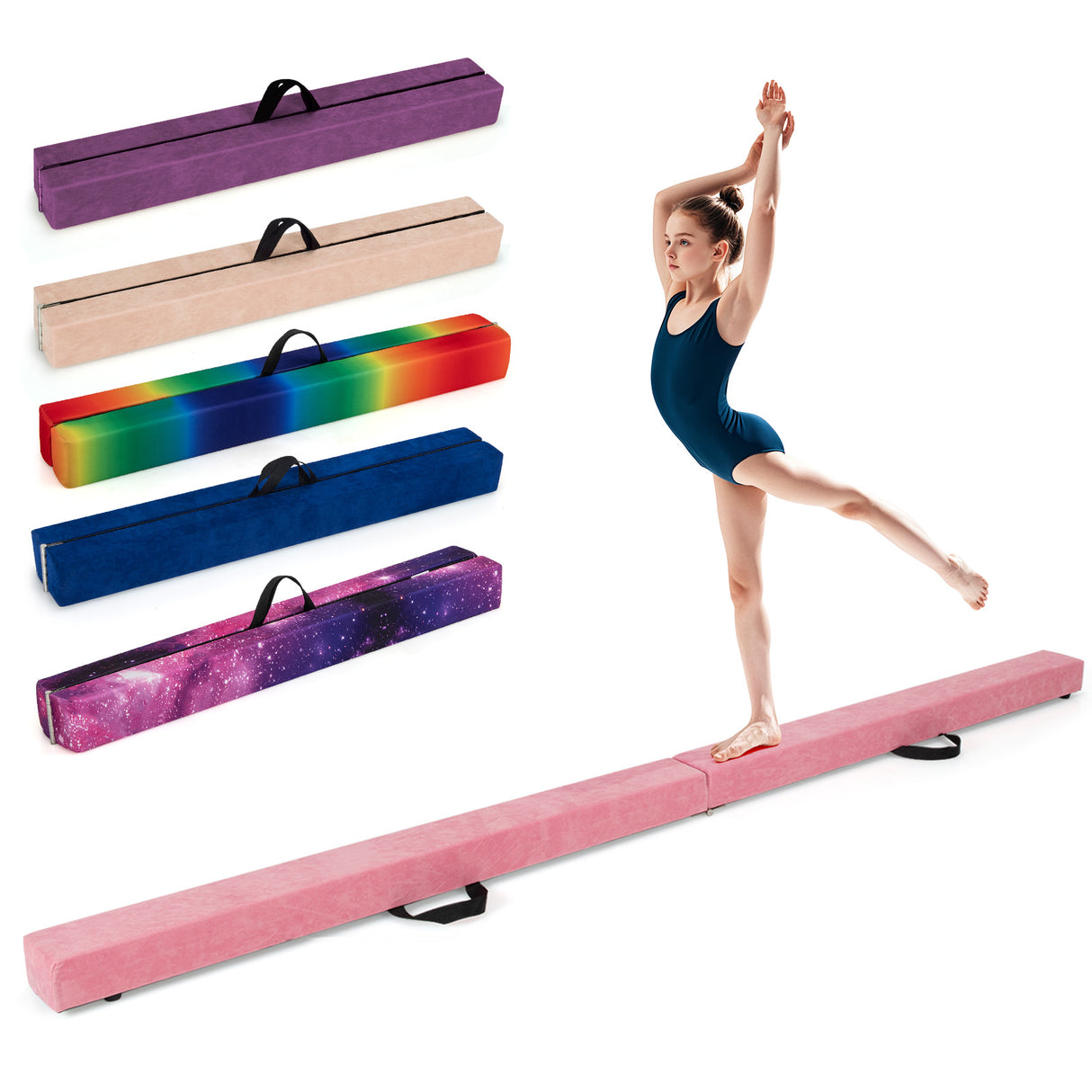 Gymnastics balance beam with colorful carrying cases and a gymnast in a blue leotard.
