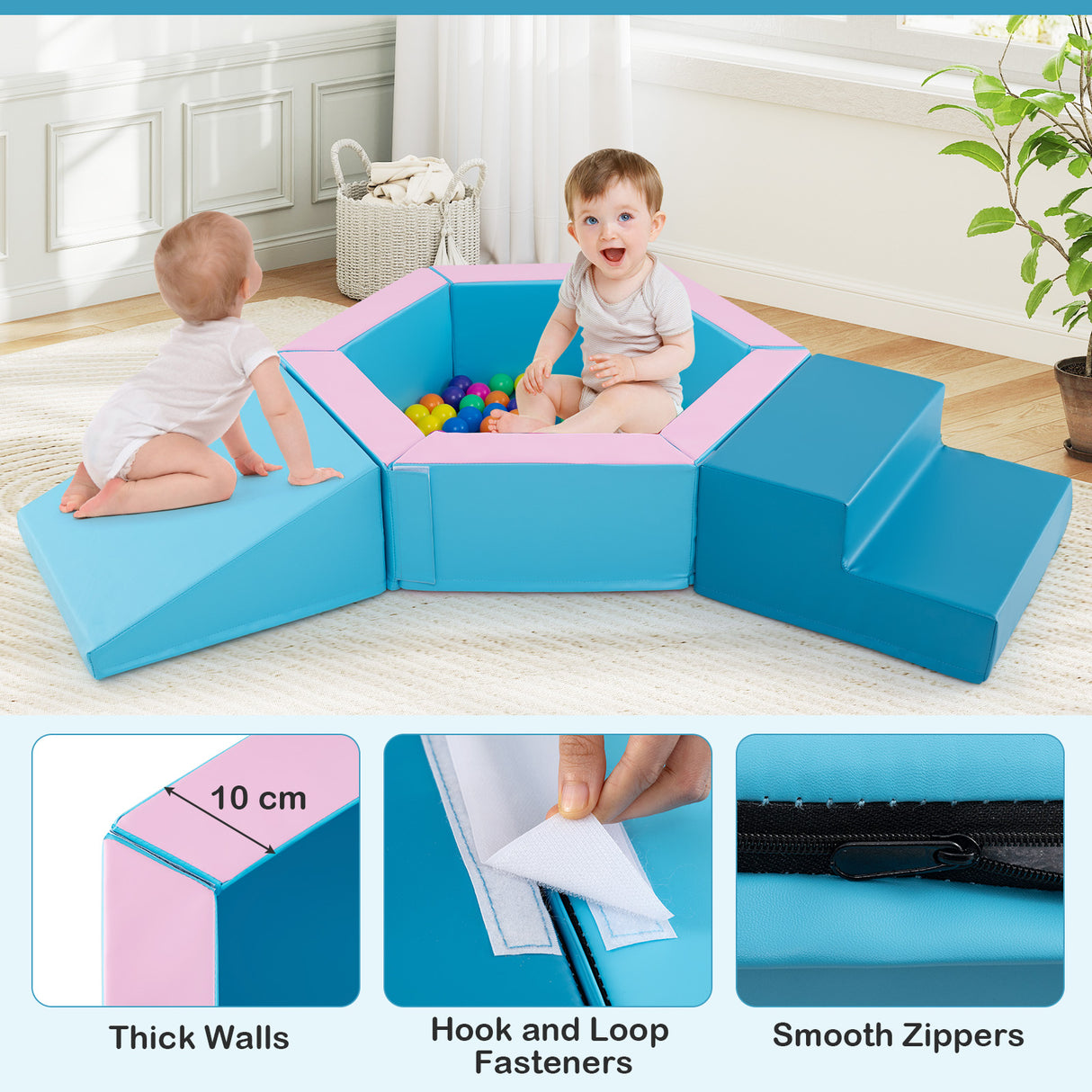 3-Piece Baby Foam Climbing Blocks, Indoor Climb and Crawl Activity Play Set with Ball Pit