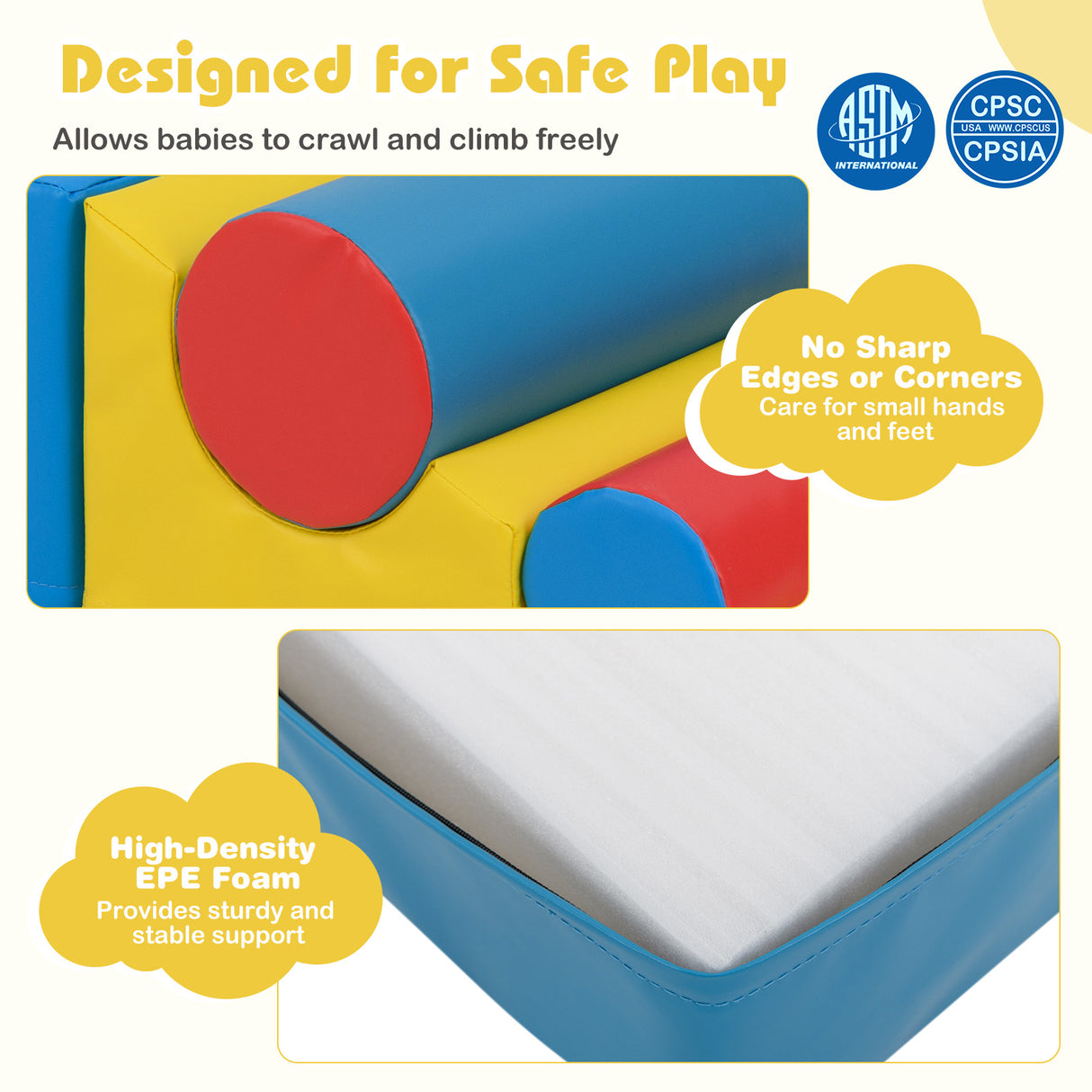 Colorful play structure with safety features and certification logos on a white background