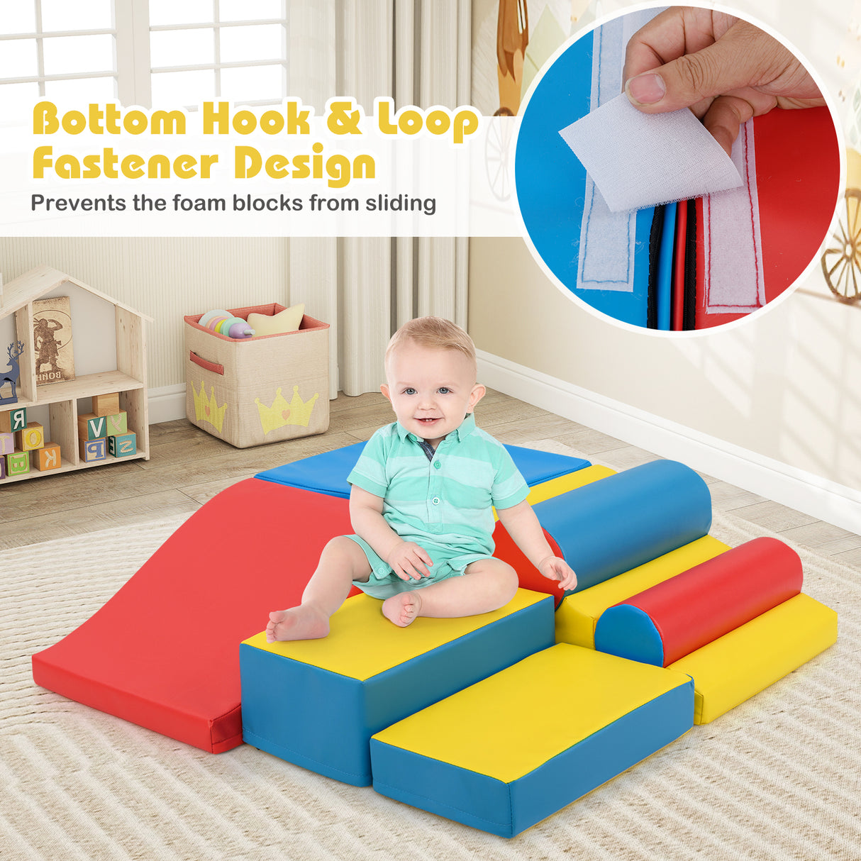 Child playing on a colorful foam play mat with text about hook and loop fasteners.