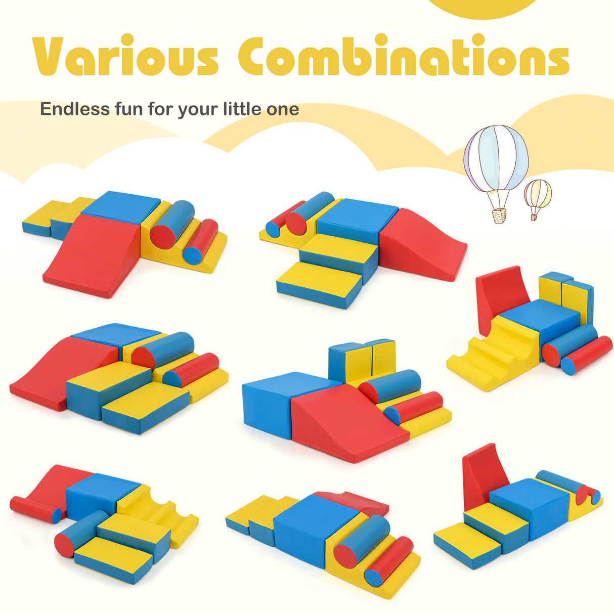 Colorful playground foam blocks with text 'Various Combinations' and 'Endless fun for your little one'.
