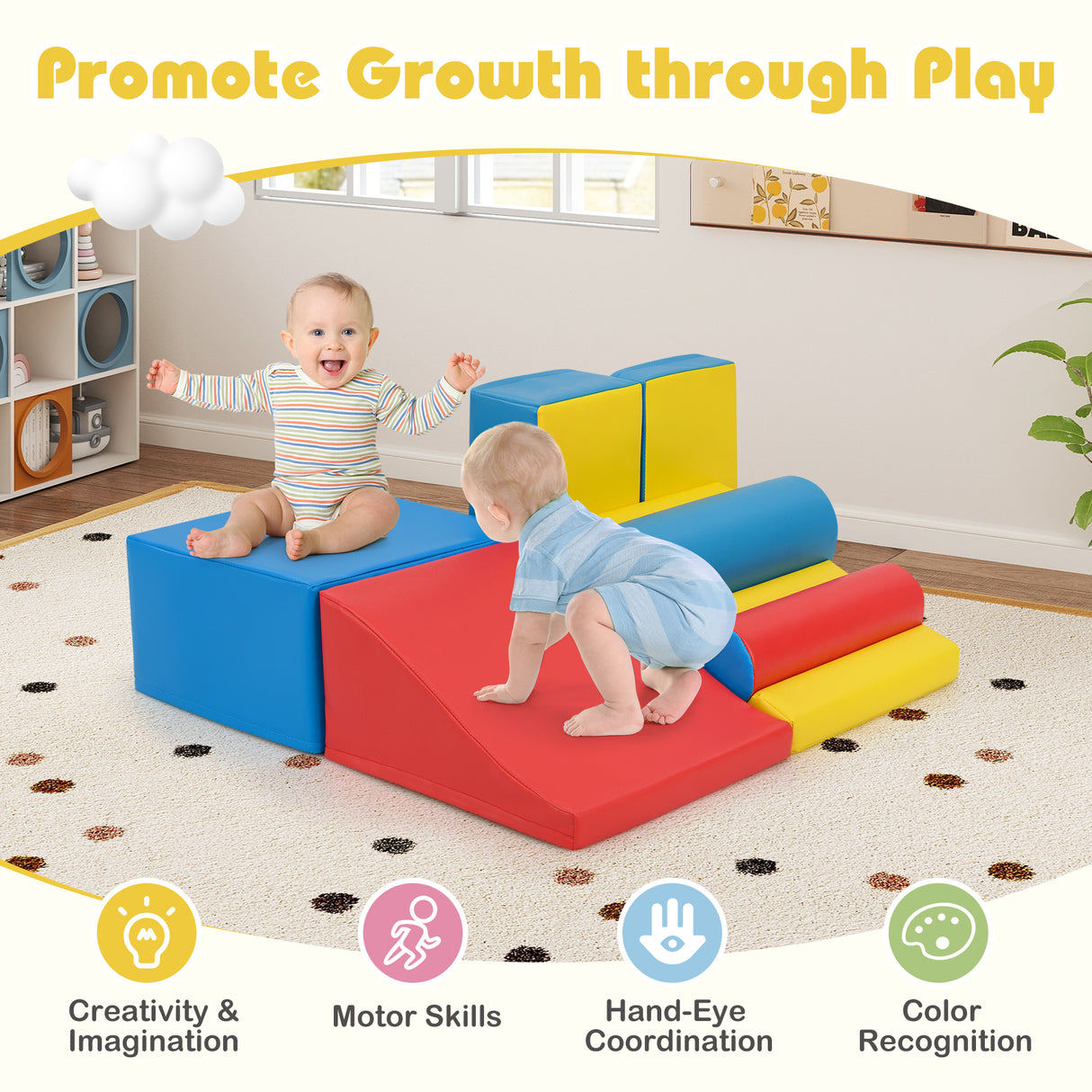 Children playing on colorful foam blocks with text 'Promote Growth through Play' and icons indicating skills developed.