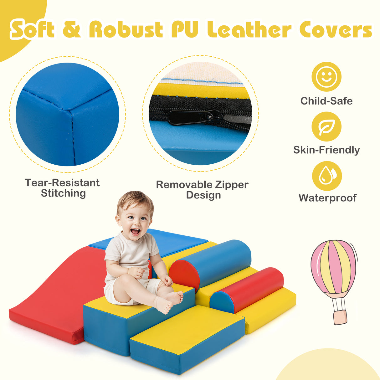 Children's play structure with soft PU leather covers, featuring a child sitting on it.