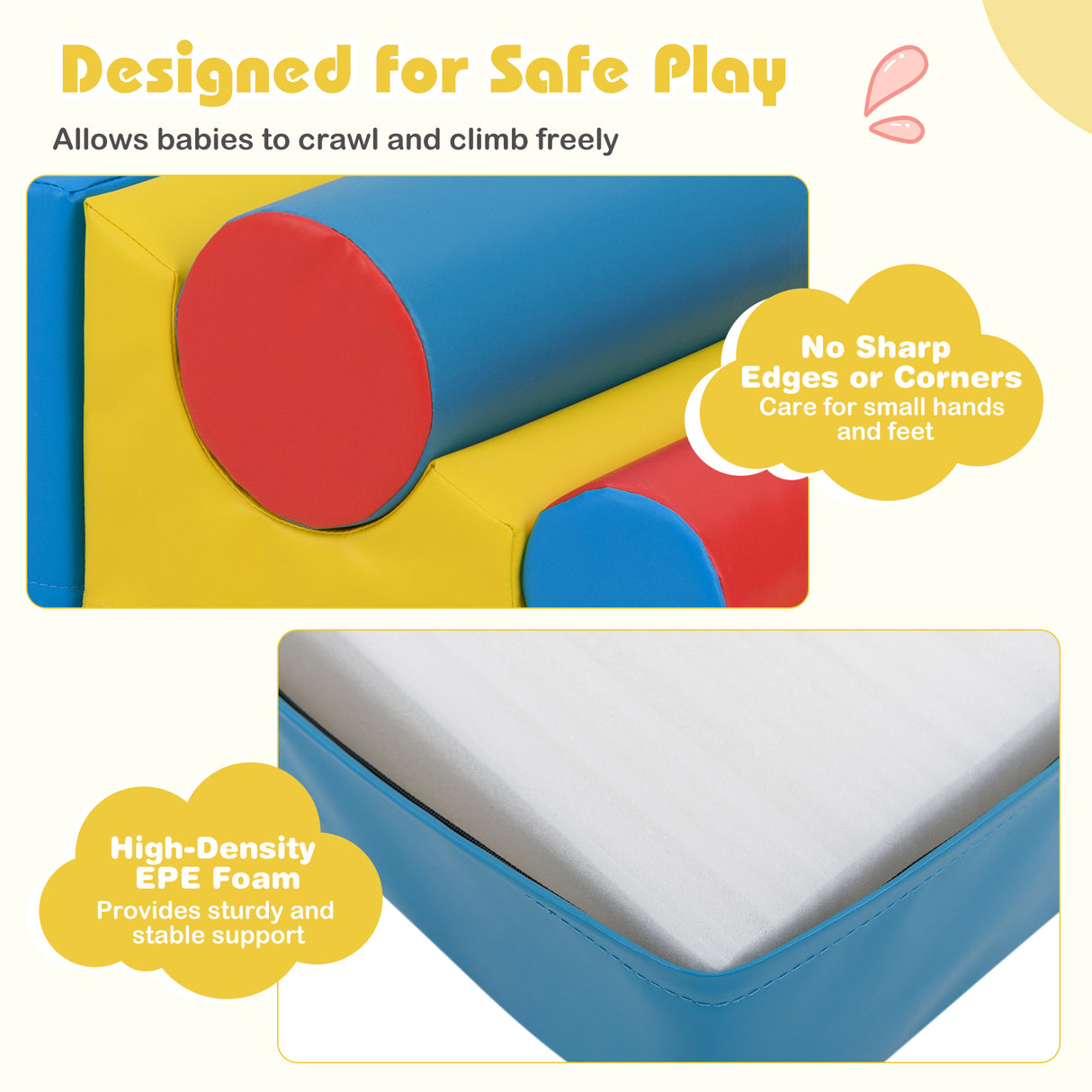 Colorful foam play structure with text highlighting safety features on a white background