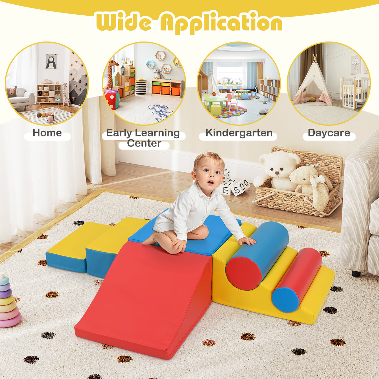 Child playing with colorful foam blocks in a home setting, with text indicating wide application in various environments.