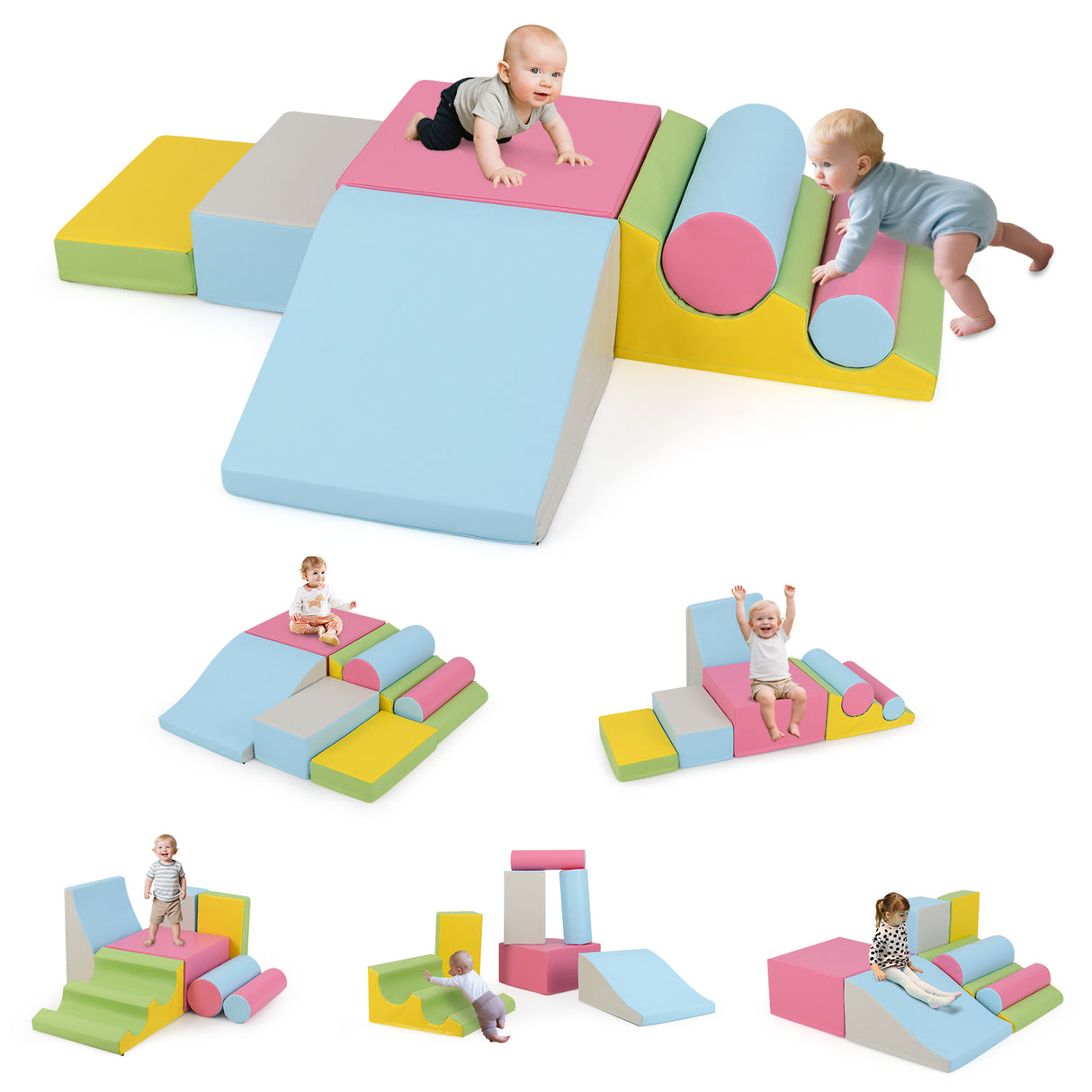 Colorful play structure with children interacting on a white background