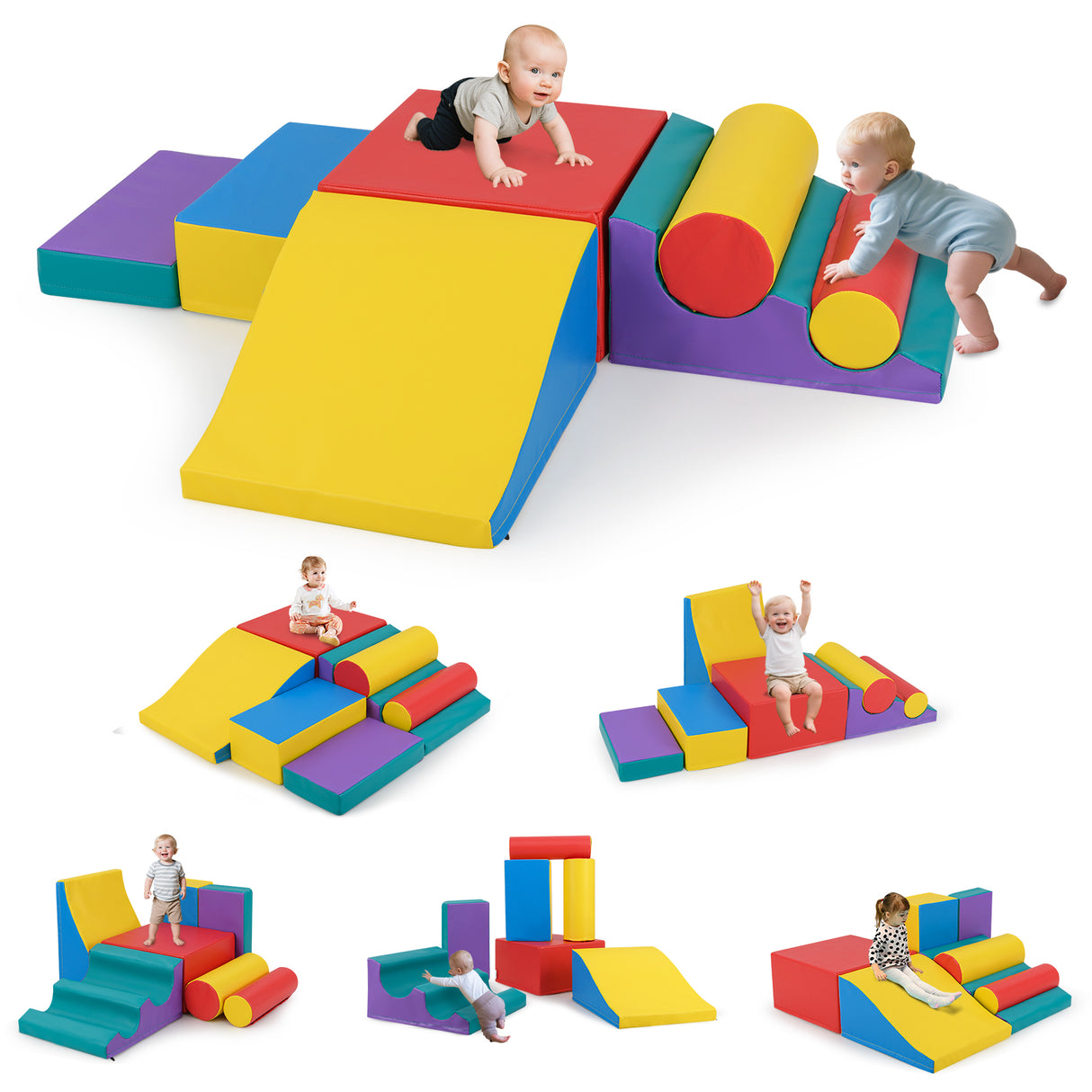 Colorful playground structure with children playing on a white background