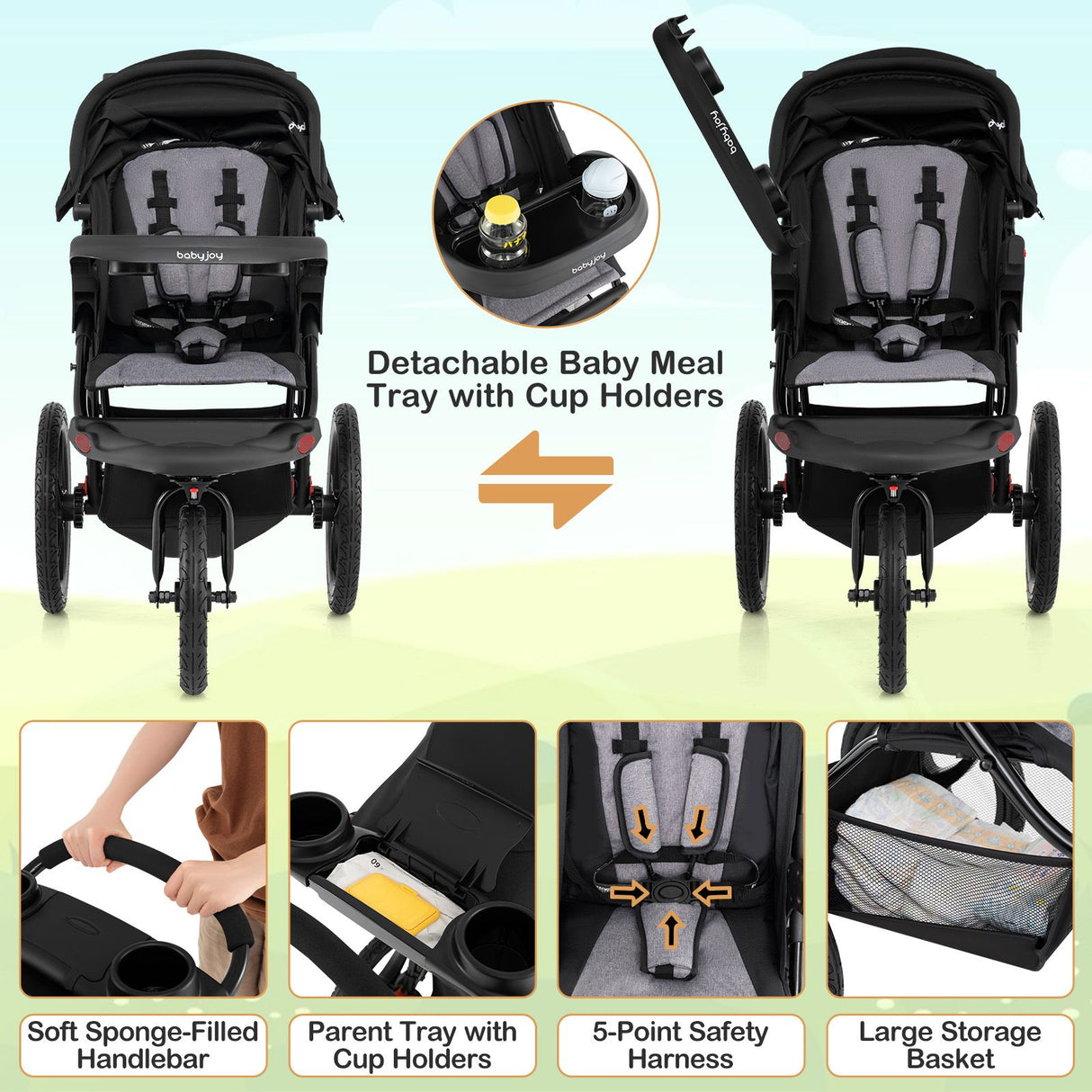 Foldable Jogger with Adjustable Canopy and Detachable Tray