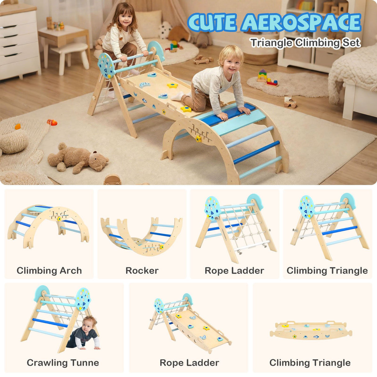 Foldable Jungle Gym with Arch and Ramp for Play Room