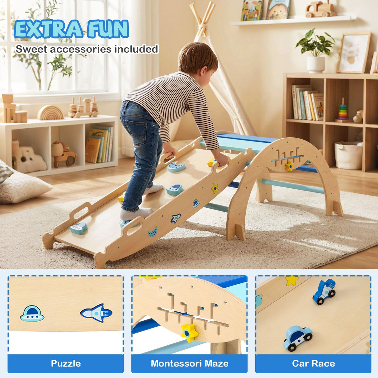 Foldable Jungle Gym with Arch and Ramp for Play Room