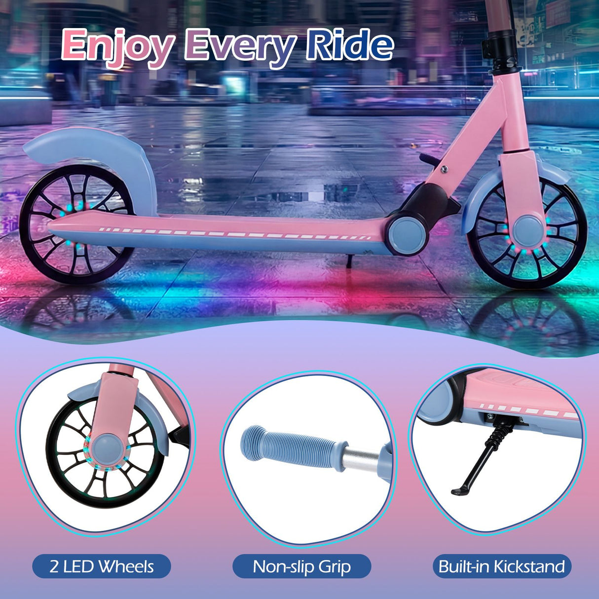 Foldable Scooter with 2 Light-up Wheels and 3-Height Adjustable Handle