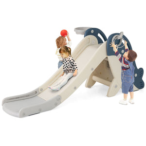 Children playing on a playground slide and climbing structure.