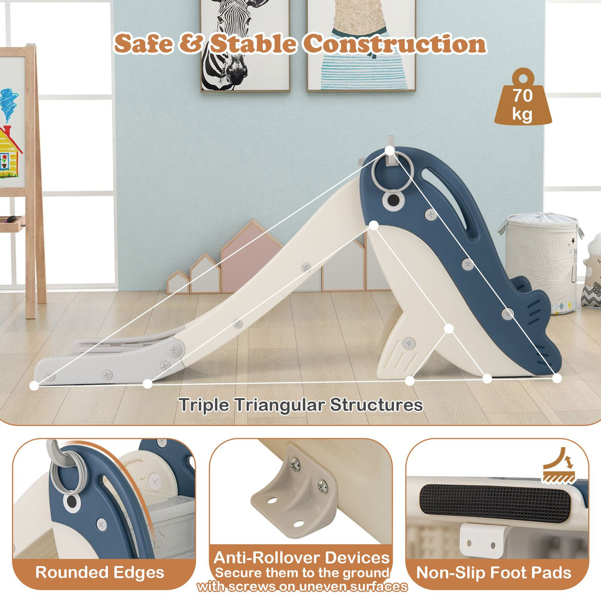 Children's slide with safety features highlighted in a room setting